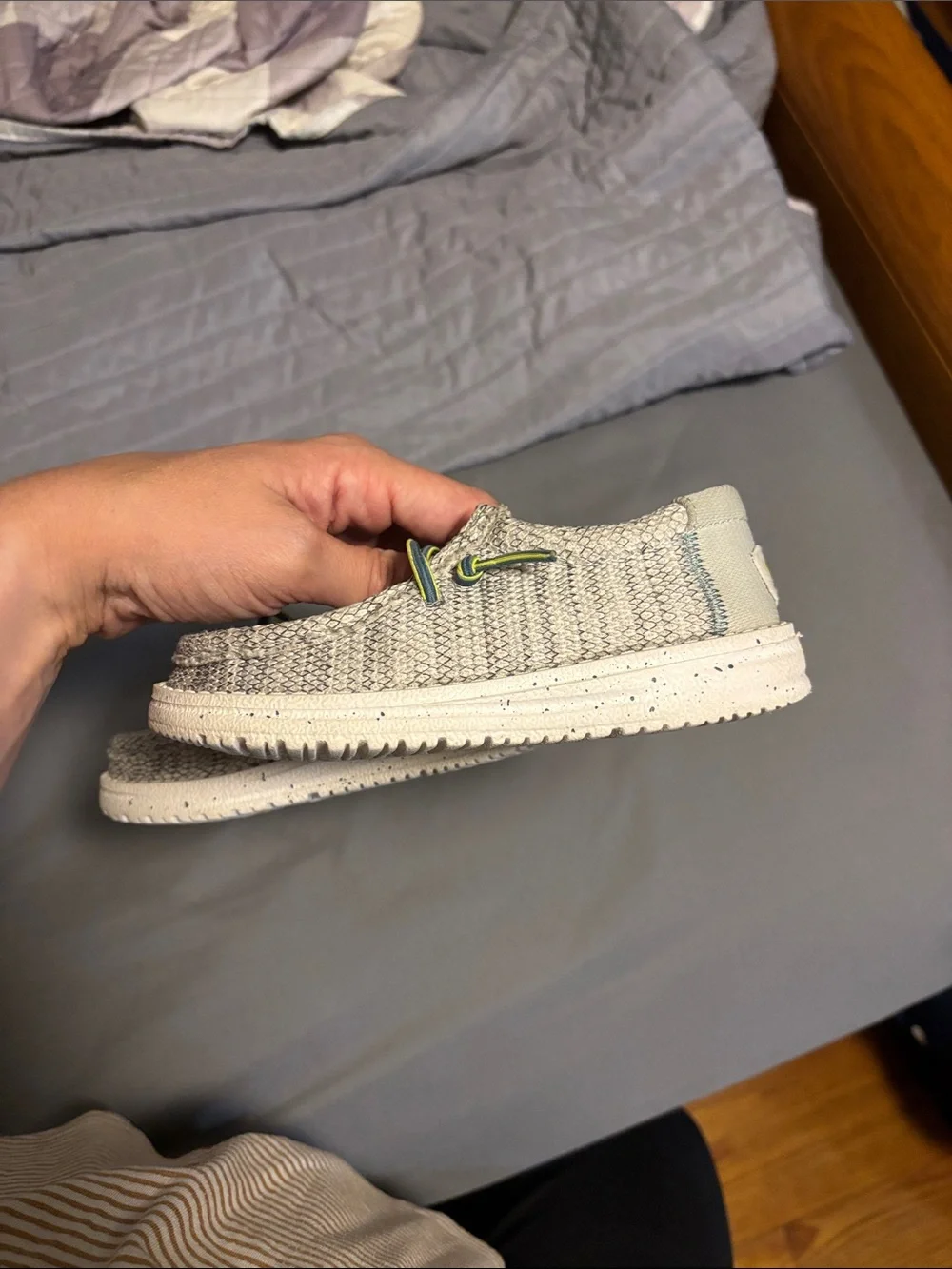 Hey Dude Kids Knit Slip-On Sneakers in Light Gray with Neon Green Accents